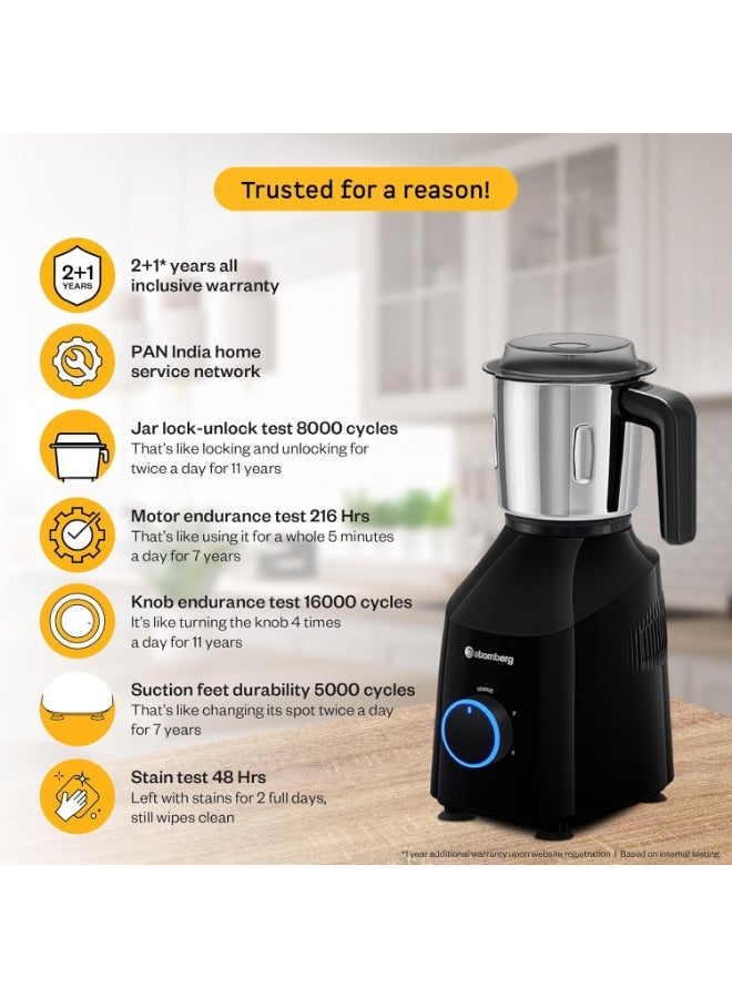 Atomberg Yulia 750 Watt Mixer Grinder | 4 Multipurpose Jars including Chopper Jar | Coarse Mode for Silbatta-like Textures | Powerful Intelligent Motor | Advanced Safety Features | Gloss Black - Image 3